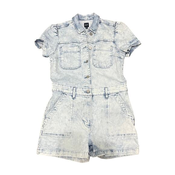 Blue Acid Wash Denim Short Sleeve Button-Up Romper – Women’s Size 10 - Picture 1 of 8
